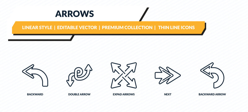 arrows icons set - backward, double arrow, expad arrows, next, backward arrow outline vector collection.