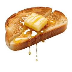 A toasted bread slice topped with melting butter and dripping honey, viewed from above on a clean background.
