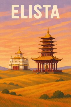 Stylized travel artwork of Elista with golden temples and pagodas rising from yellow fields under a peaceful pink-orange sky