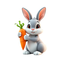 A cute cartoon rabbit holding a large orange carrot on transparent background