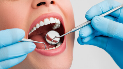 Close-up of a person's open mouth during a dental examination, showing healthy white teeth and gums.