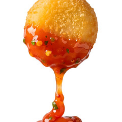 A close-up view of a crispy fried ball dripping with spicy red sauce, showcasing the texture and flavor of the dish.
