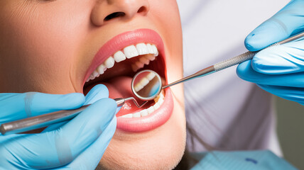 Close-up of a person's open mouth during a dental examination, showing healthy white teeth and gums.