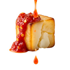 A cube of tofu being drizzled with vibrant red sauce from above, viewed against a clean white background