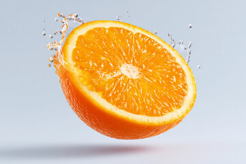 Fresh orange slice with water splash on grey background. Dynamic and juicy, perfect for summer drinks or vitamin ads.