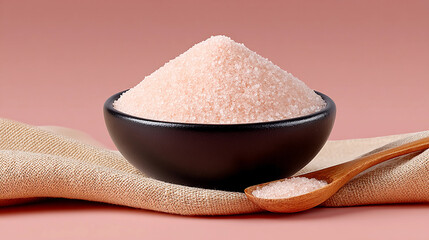 Pink Himalayan salt in black bowl with spoon and beige cloth. Natural, soft mood for spa or culinary use.