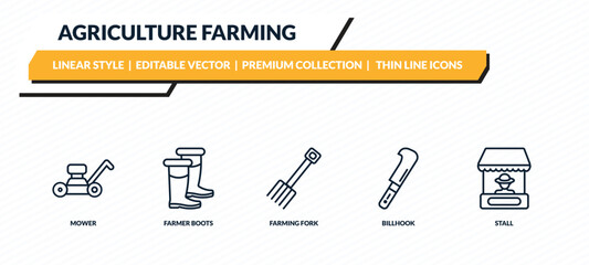 Fototapeta premium agriculture farming icons set - mower, farmer boots, farming fork, billhook, stall outline vector collection.
