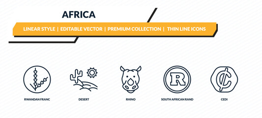 africa icons set - rwandan franc, desert, rhino, south african rand, cedi outline vector collection. © IconArt