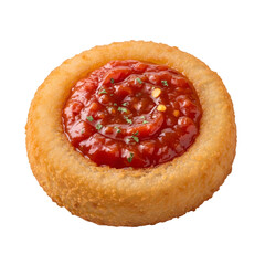 A close-up view of a crispy onion ring topped with a swirl of red sauce and garnished with green herbs on a white background