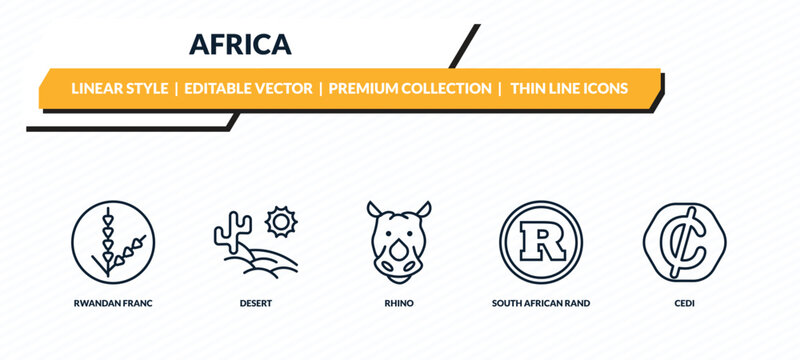 africa icons set - rwandan franc, desert, rhino, south african rand, cedi outline vector collection.