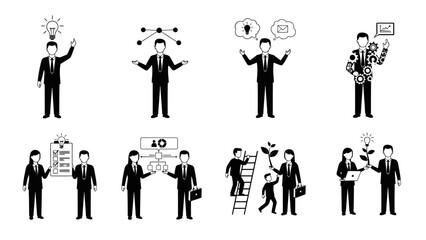 Business success icons set with professionals brainstorming ideas and growth charts flat vector illustration
