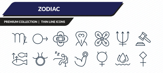 zodiac icons set - virgo, mars, hypocrisy, aqua, sulphur outline vector collection. © IconArt