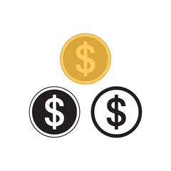 Fototapeta premium Collection of three stylized dollar sign coins one golden and two monochrome circular emblems representing currency finance and economic symbols against a clean white background versatile