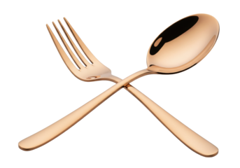 highly polished rose gold dinner fork and tablespoon, overlapping horizontally, captured in a tight macro product shot against a stark white background. concept for elegant luxury dining