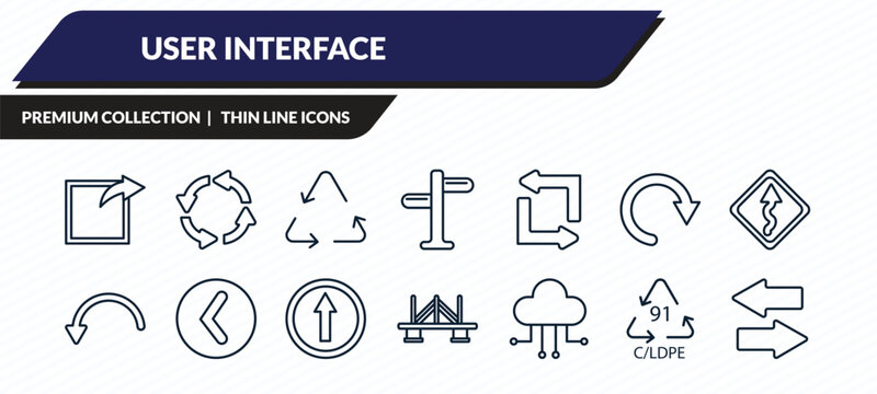 user interface icons set - export arrow, circular arrow, recycable, 91 c/ldpe, opposite directions outline vector collection.