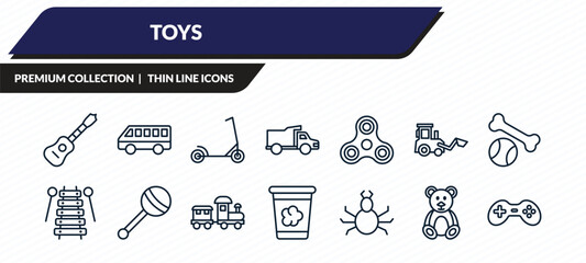 toys icons set - guitar toy, bus toy, skate toy, teddy bear gamepad outline vector collection. © IconArt