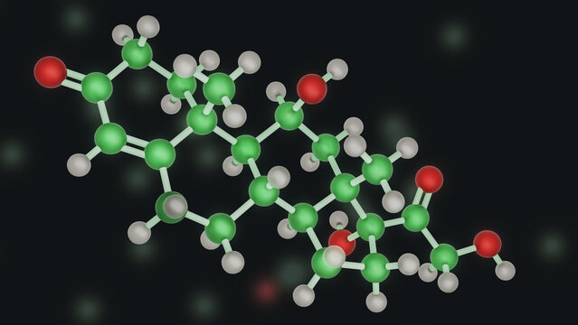 Cortisol molecule in biological environment with green atoms. Hydrocortisone, glucocorticoid, steroid hormone. Molecular model. 3D rendering. Illustration