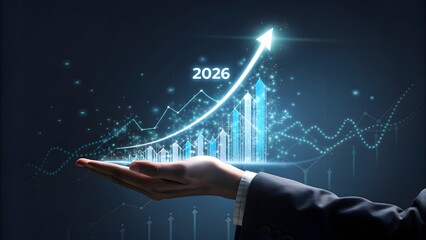 Business growth graph rising to 2026 held by businessman hand futuristic visualization
