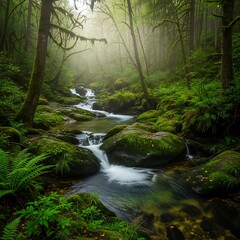 Obraz premium Lush Forest Stream - A Serene Cascade Through Verdant Wilderness.