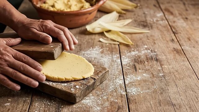 Hands Flattening Corn Masa Dough to Make Tortillas on Wooden Table in Rustic Kitchen Setting