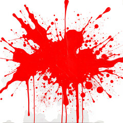 A vibrant red paint splatter on a black background with white accents on transparent background