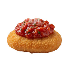 A close-up view of a crispy fried patty topped with a rich tomato sauce and garnished with fresh herbs on a plain background