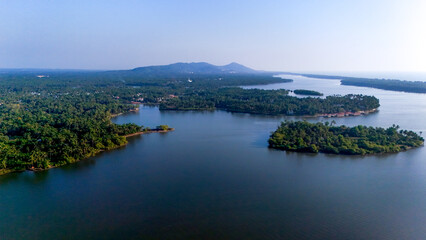 Serene landscape calm waters of Kavvayi, captured by drone.