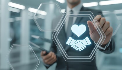 Businessman interacting with futuristic UI elements showing handshake and heart symbol