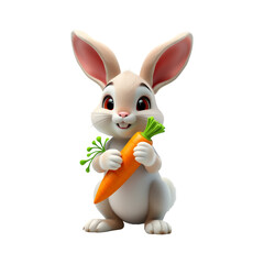 A cute cartoon bunny holding a large orange carrot with green leaves on transparent background