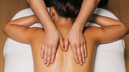 Close-up of professional hands delivering a soothing shoulder and back massage to a client in a serene spa environment, emphasizing relaxation and holistic wellness.