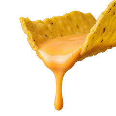 A nacho chip overflowing with cheese sauce, dripping downwards, captured from a close-up viewpoint.
