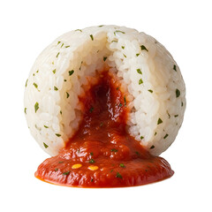 A close-up view of a white rice ball with green herbs and red sauce oozing out, isolated on a plain background
