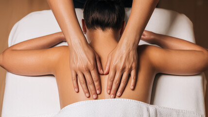 Naklejka premium Close-up of professional hands delivering a soothing shoulder and back massage to a client in a serene spa environment, emphasizing relaxation and holistic wellness.