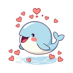 A cute cartoon whale surrounded by pink hearts on transparent background
