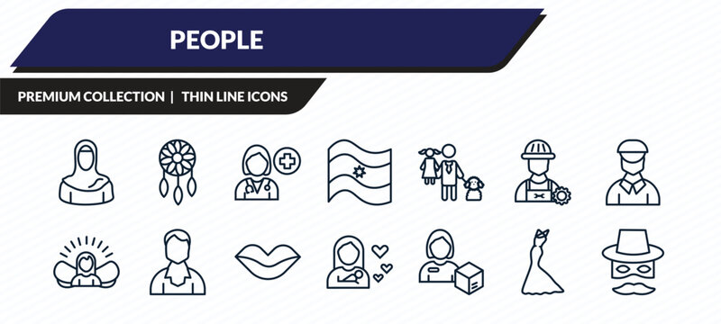 people icons set - arab woman, bohemian, female doctor, elegant, zorro outline vector collection.