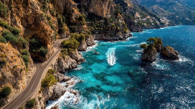 Beautiful coastline of a seaside village with clear blue water and a winding road alongside rocky cliffs in a sunny day - Powered by Adobe