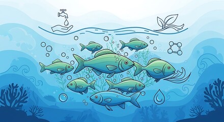 Obraz premium School of fish swimming in the ocean with seaweed and bubbles underwater