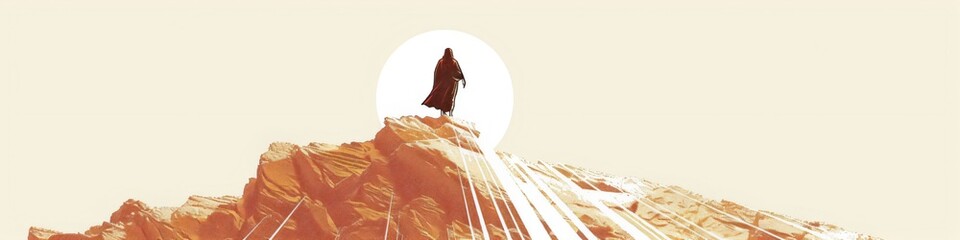 Fototapeta premium A digital illustration of Jesus walking on top of a mountain. Christian story from the Bible, religious painting for gospel or sermon. Banner with copy space
