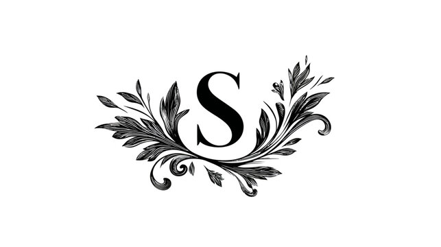 Elegant black letter S monogram with vintage floral ornamentation. Detailed decorative initial design element, classic flourish illustration.