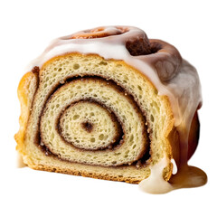 Sliced cinnamon roll with white icing on a plain background from a close-up viewpoint