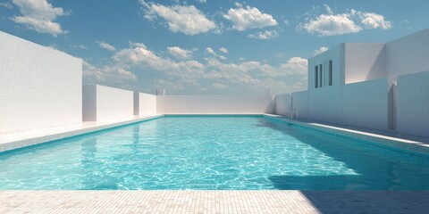 Fototapeta premium Spacious outdoor swimming pool with clear blue water and white walls