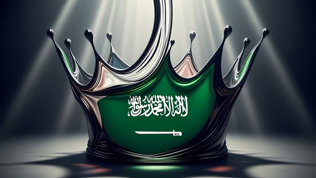 Shiny metallic crown with reflective Saudi Arabia flag symbol under spotlight, representing power and elegance in dark background