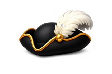 Elegant venetian tricorne hat with feather and gold accents for historical and fashion design