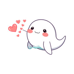 A cute cartoon seal with hearts floating around it on transparent background