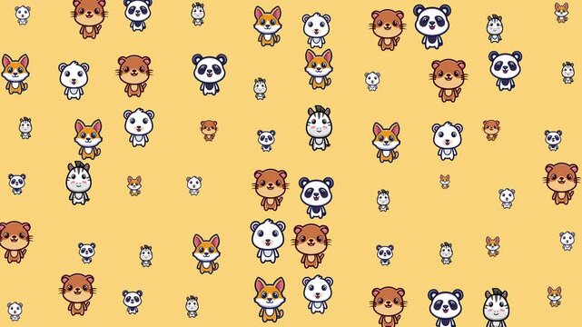 Repeating cartoonish animals pattern on a light orange background, suitable for childrens clothing, stationery, and textile prints featuring cute animals.