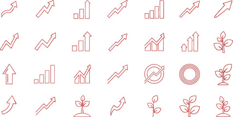 Red line icons of growing business graphs and plants