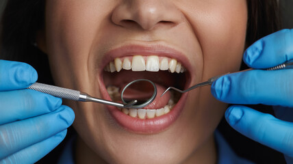 Close-up of a person's open mouth during a dental examination, showing healthy white teeth and gums.