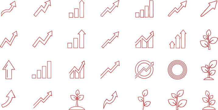 Red line icons of growing business graphs and plants
