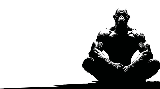 Black and white silhouette of a muscular chimpanzee in a meditative pose, symbolizing strength, wisdom, and inner peace.