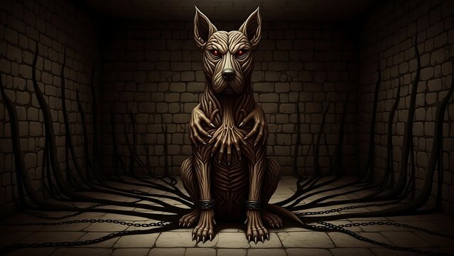Mysterious Canine Figure in Dark Chamber with Eerie Atmosphere and Abstract Details.